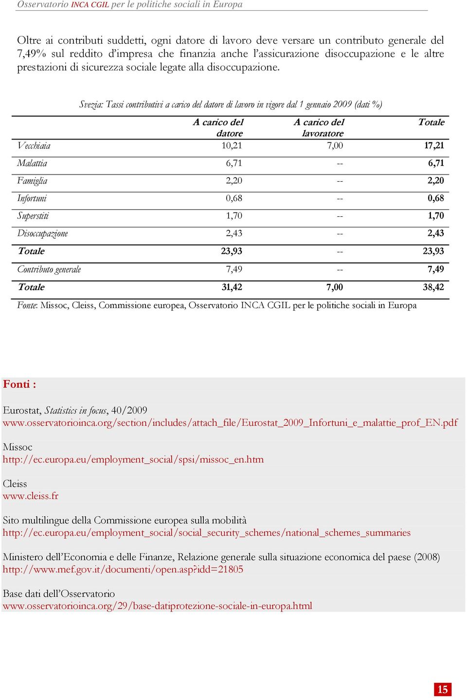 Svezia: Tassi contributivi a carico del datore di lavoro in vigore dal 1 gennaio 2009 (dati %) datore lavoratore Vecchiaia 10,21 7,00 17,21 Malattia 6,71 -- 6,71 Famiglia 2,20 -- 2,20 Infortuni 0,68