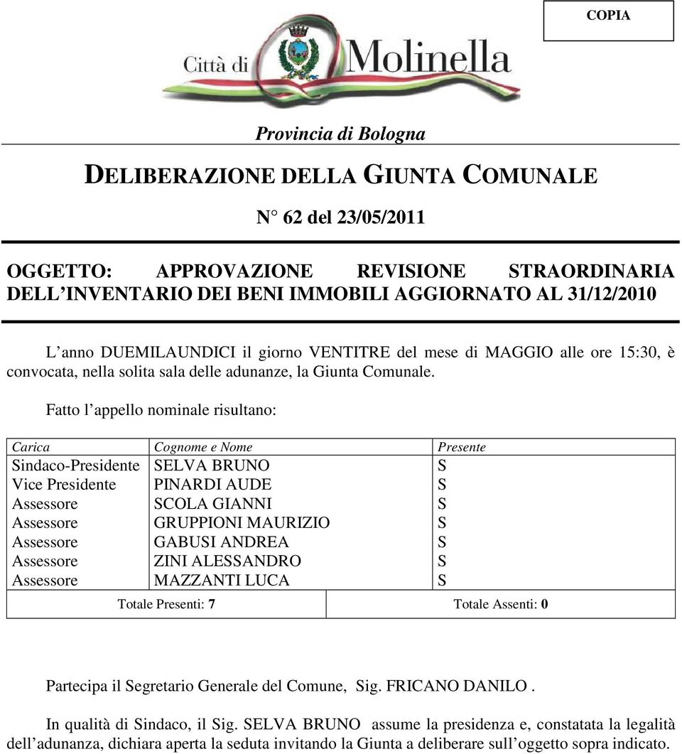 Fatto l appello nominale risultano: Carica Cognome e Nome Presente Sindaco-Presidente SELVA BRUNO S Vice Presidente PINARDI AUDE S Assessore SCOLA GIANNI S Assessore GRUPPIONI MAURIZIO S Assessore