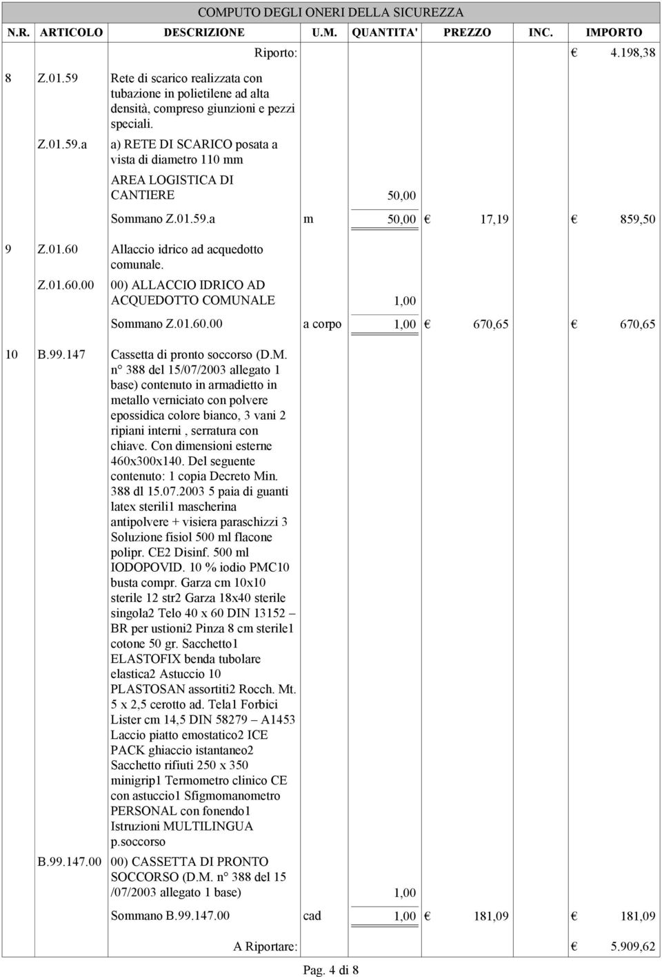 01.60.00 a corpo 1,00 670,65 670,65 10 B.99.147 Cassetta di pronto soccorso (D.M.