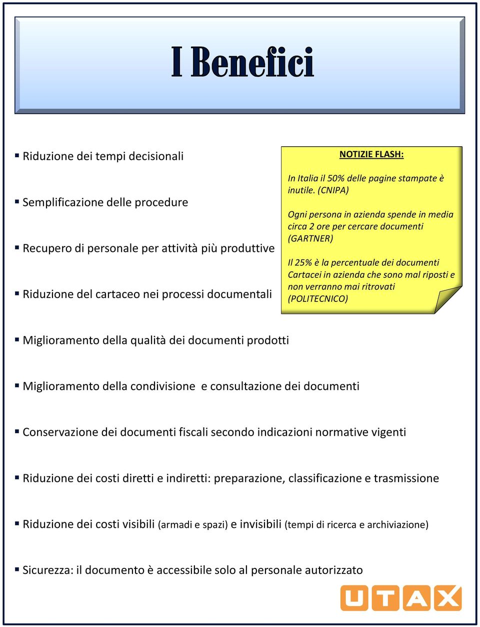 (CNIPA) Ogni persona in azienda spende in media circa 2 ore per cercare documenti (GARTNER) Il 25% è la percentuale dei documenti Cartacei in azienda che sono mal riposti e non verranno mai ritrovati