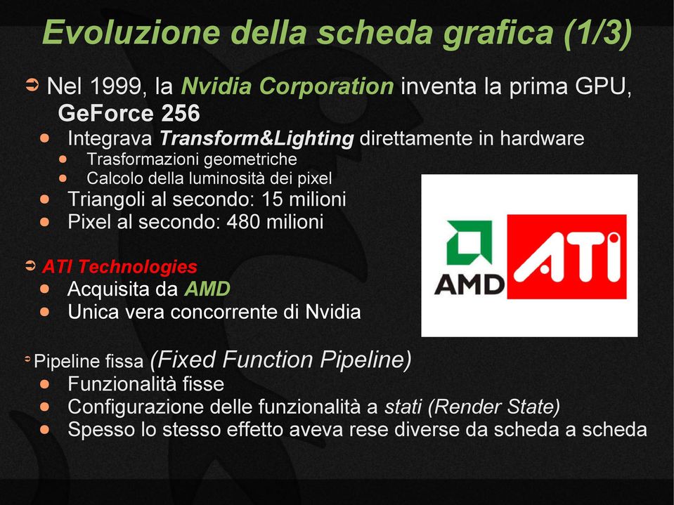 Calcolo della luminosità dei pixel Acquisita da AMD Unica vera concorrente di Nvidia Pipeline fissa (Fixed Function Pipeline)