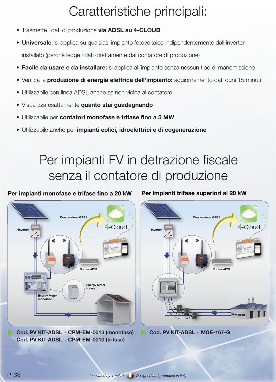 aggiornamento dati ogni 15 minuti Utilizzabile con linea ADSL anche se non vicina al contatore Visualizza esattamente quanto stai guadagnando Utilizzabile per contatori monofase e trifase fino a 5 MW