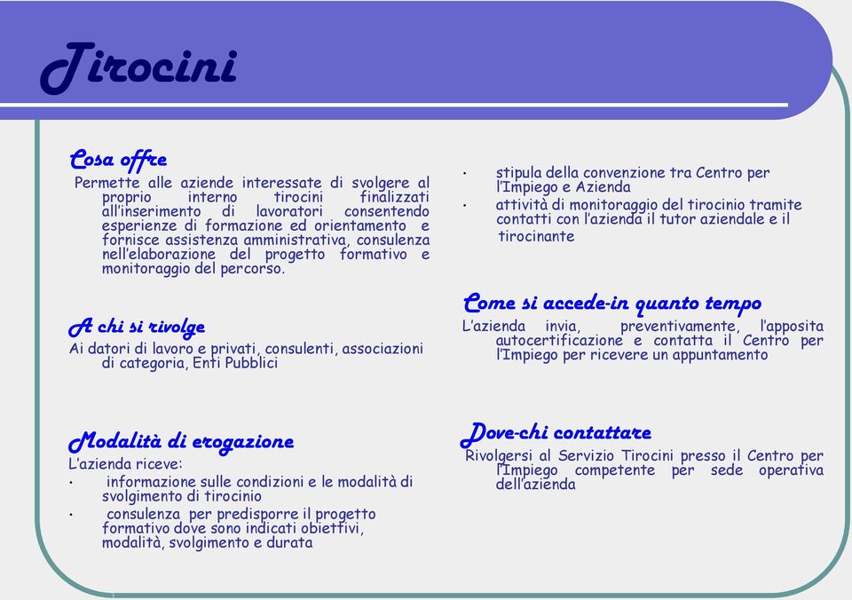 A chi si rivolge Ai datori di lavoro e privati, consulenti, associazioni di categoria, Enti Pubblici stipula della convenzione tra Centro per l Impiego e Azienda attività di monitoraggio del