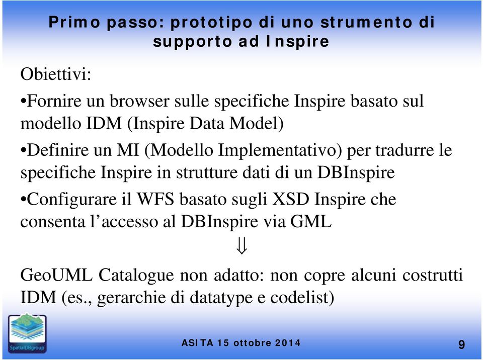 specifiche Inspire in strutture dati di un DBInspire Configurare il WFS basato sugli XSD Inspire che consenta l