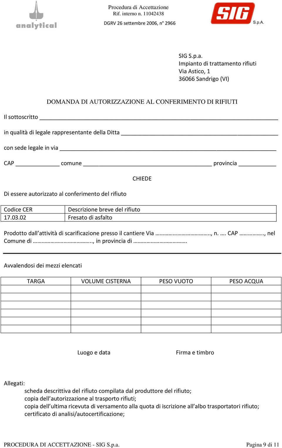 in via CAP comune provincia Di essere autorizzato al conferimento del rifiuto Codice CER Descrizione breve del rifiuto 17.03.