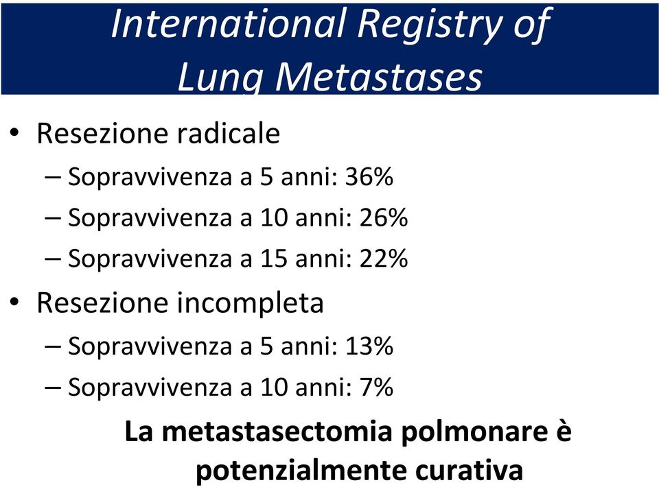 Sopravvivenza a 15 anni: 22% Resezione incompleta Sopravvivenza a 5