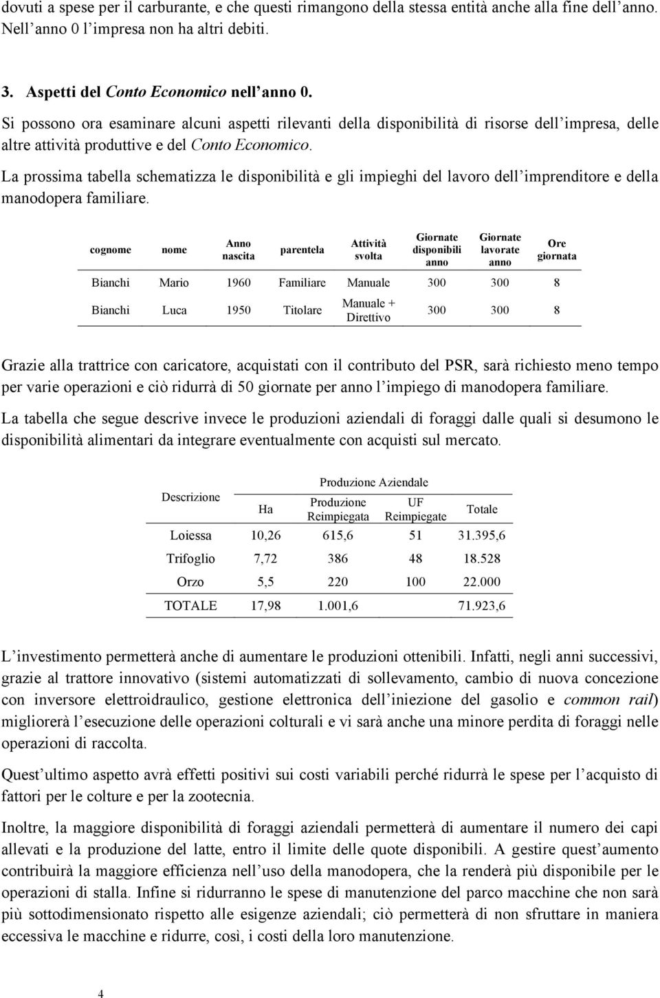 La prossima tabella schematizza le disponibilità e gli impieghi del lavoro dell imprenditore e della manodopera familiare.