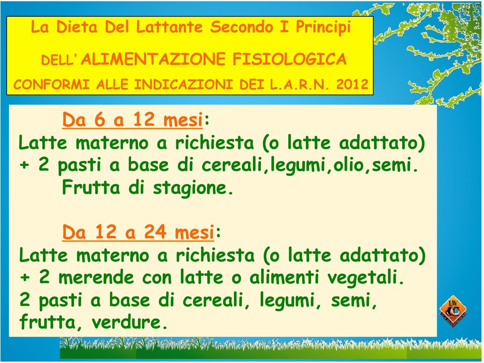 2012 Da 6 a 12 mesi: Latte materno a richiesta (o latte adattato) + 2 pasti a base di