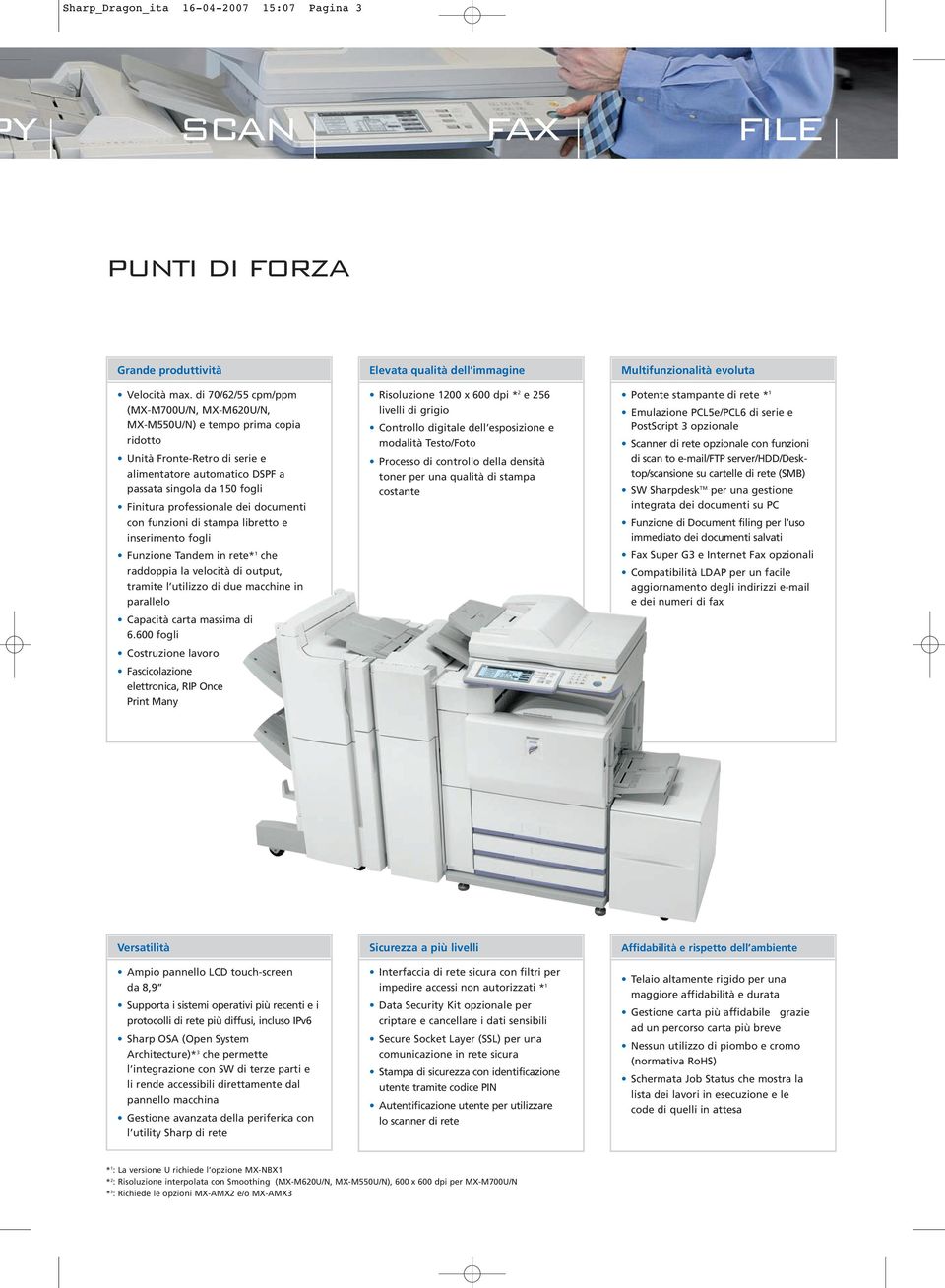 dei documenti con funzioni di stampa libretto e inserimento fogli Funzione Tandem in rete* 1 che raddoppia la velocità di output, tramite l utilizzo di due macchine in parallelo Capacità carta