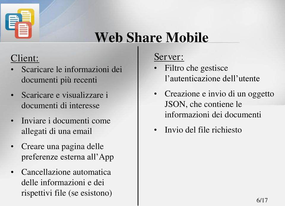 delle informazioni e dei rispettivi file (se esistono) Web Share Mobile Server: Filtro che gestisce l autenticazione