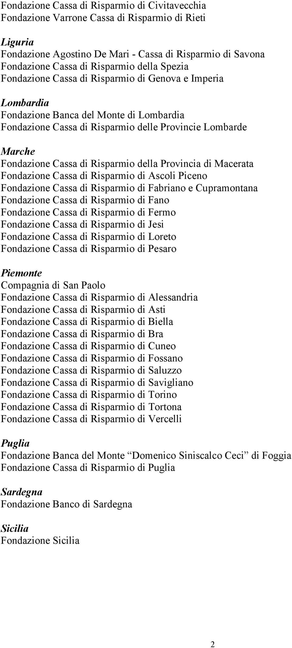 della Provincia di Macerata Fondazione Cassa di Risparmio di Ascoli Piceno Fondazione Cassa di Risparmio di Fabriano e Cupramontana Fondazione Cassa di Risparmio di Fano Fondazione Cassa di Risparmio