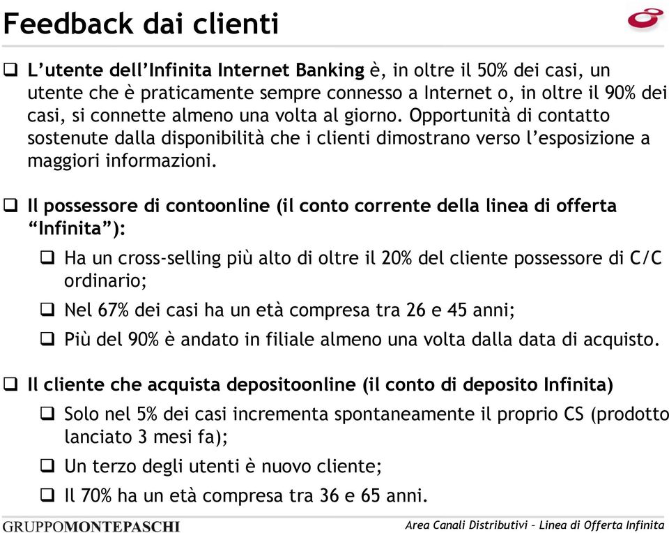 Il possessore di contoonline (il conto corrente della linea di offerta Infinita ): Ha un cross-selling più alto di oltre il 20% del cliente possessore di C/C ordinario; Nel 67% dei casi ha un età