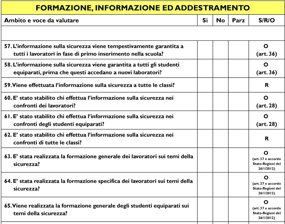 L informazione sulla sicurezza viene garantita a tutti gli studenti equiparati, prima che questi accedano a nuovi laboratori? (art. 36) (art. 36) 59.