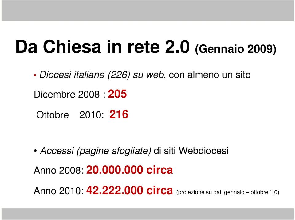 Dicembre 2008 : 205 Ottobre 2010: 216 Accessi (pagine sfogliate)