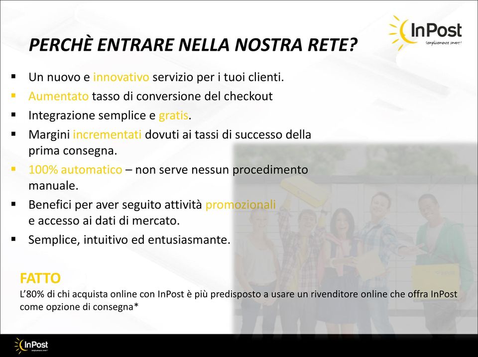 Margini incrementati dovuti ai tassi di successo della prima consegna. 100% automatico non serve nessun procedimento manuale.