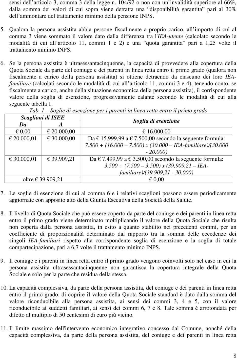 5. Qualora la persona assistita abbia persone fiscalmente a proprio carico, all importo di cui al comma 3 viene sommato il valore dato dalla differenza tra l'iea-utente (calcolato secondo le modalità