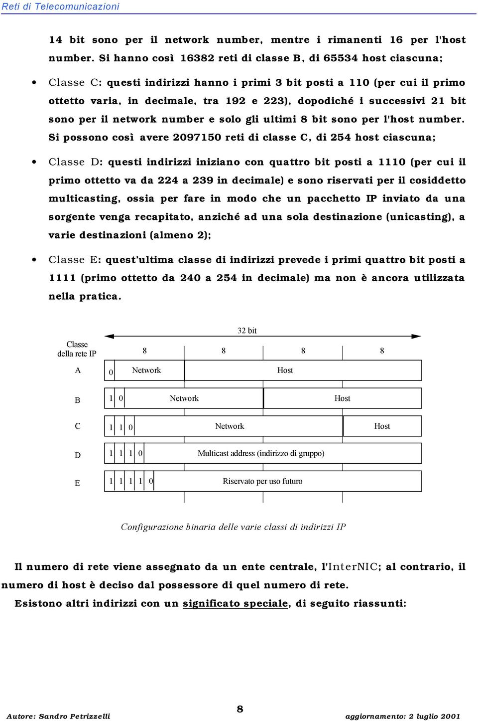 successivi 21 bit sono per il network number e solo gli ultimi 8 bit sono per l'host number.