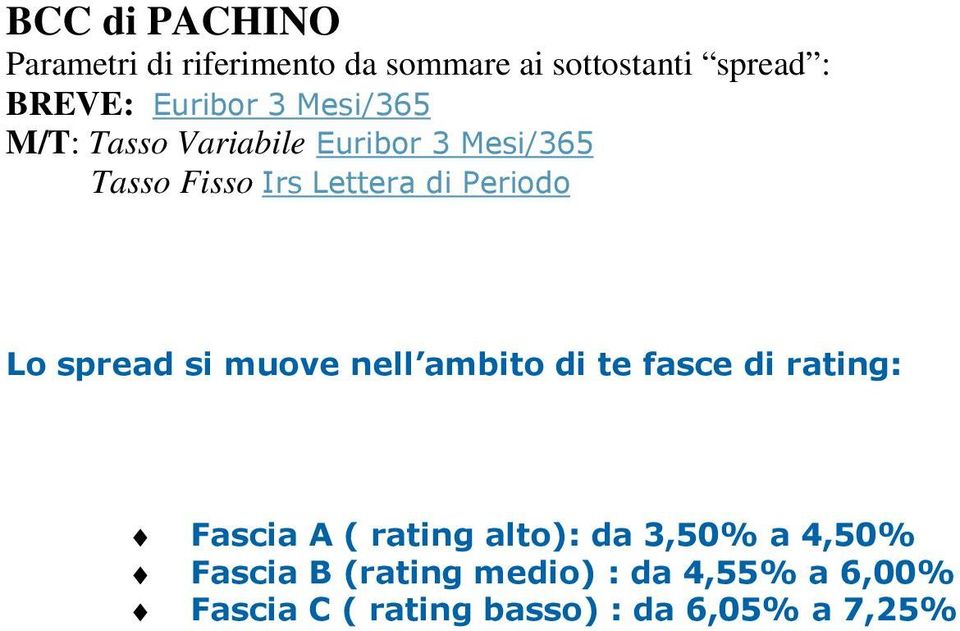 di rating: Fascia A ( rating alto): da 3,50% a 4,50% Fascia B