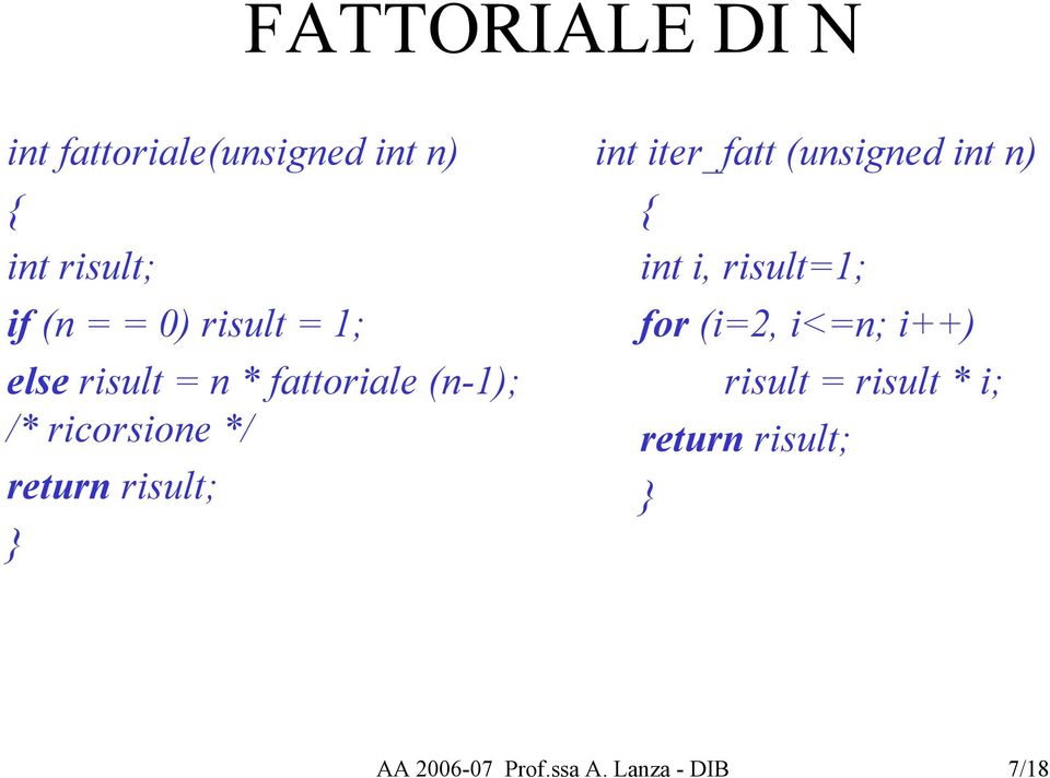 risult; } int iter_fatt (unsigned int n) { int i, risult=1; for (i=2, i<=n;