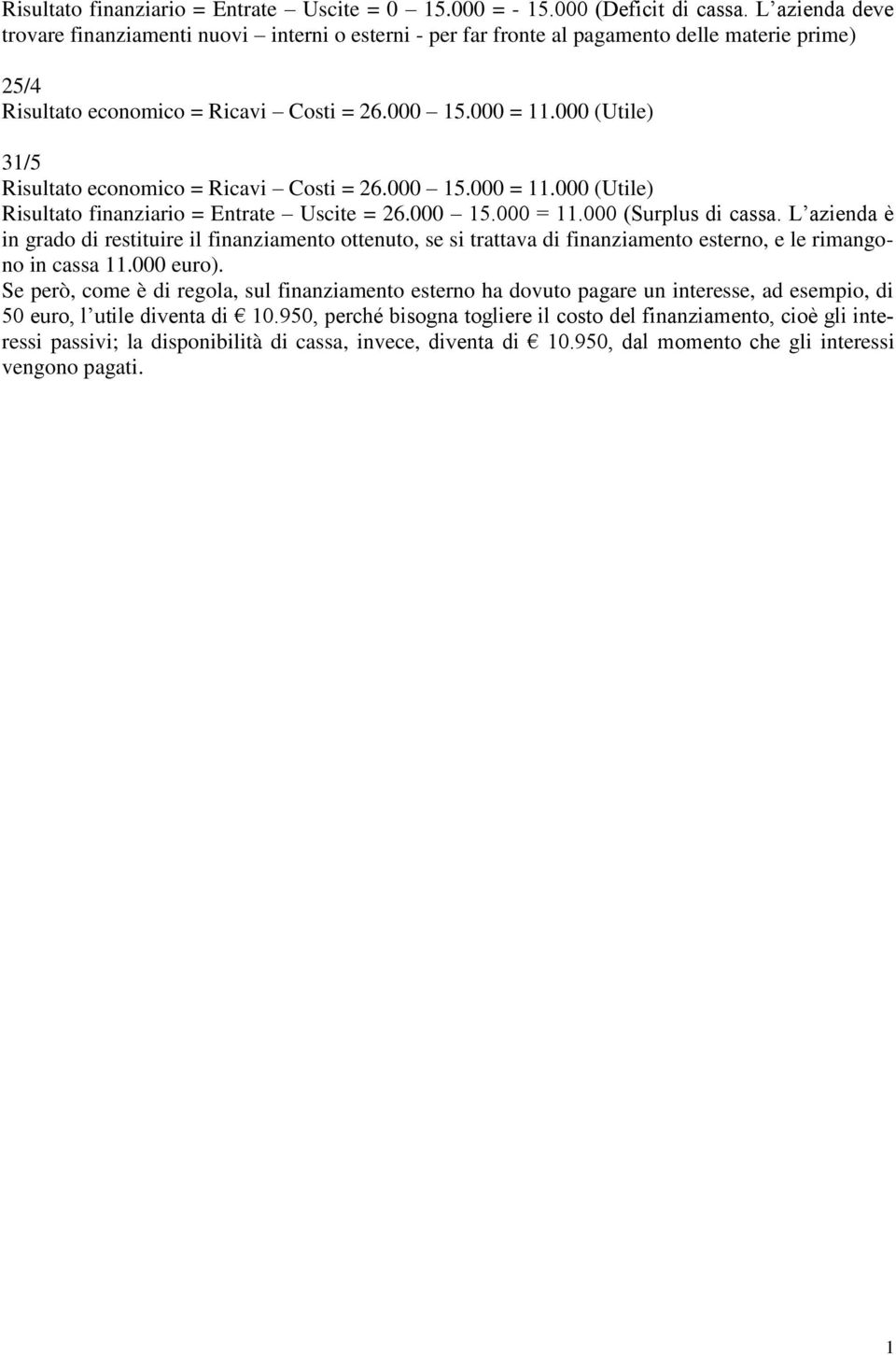 000 (Utile) 31/5 Risultato economico = Ricavi Costi = 26.000 15.000 = 11.000 (Utile) Risultato finanziario = Entrate Uscite = 26.000 15.000 = 11.000 (Surplus di cassa.