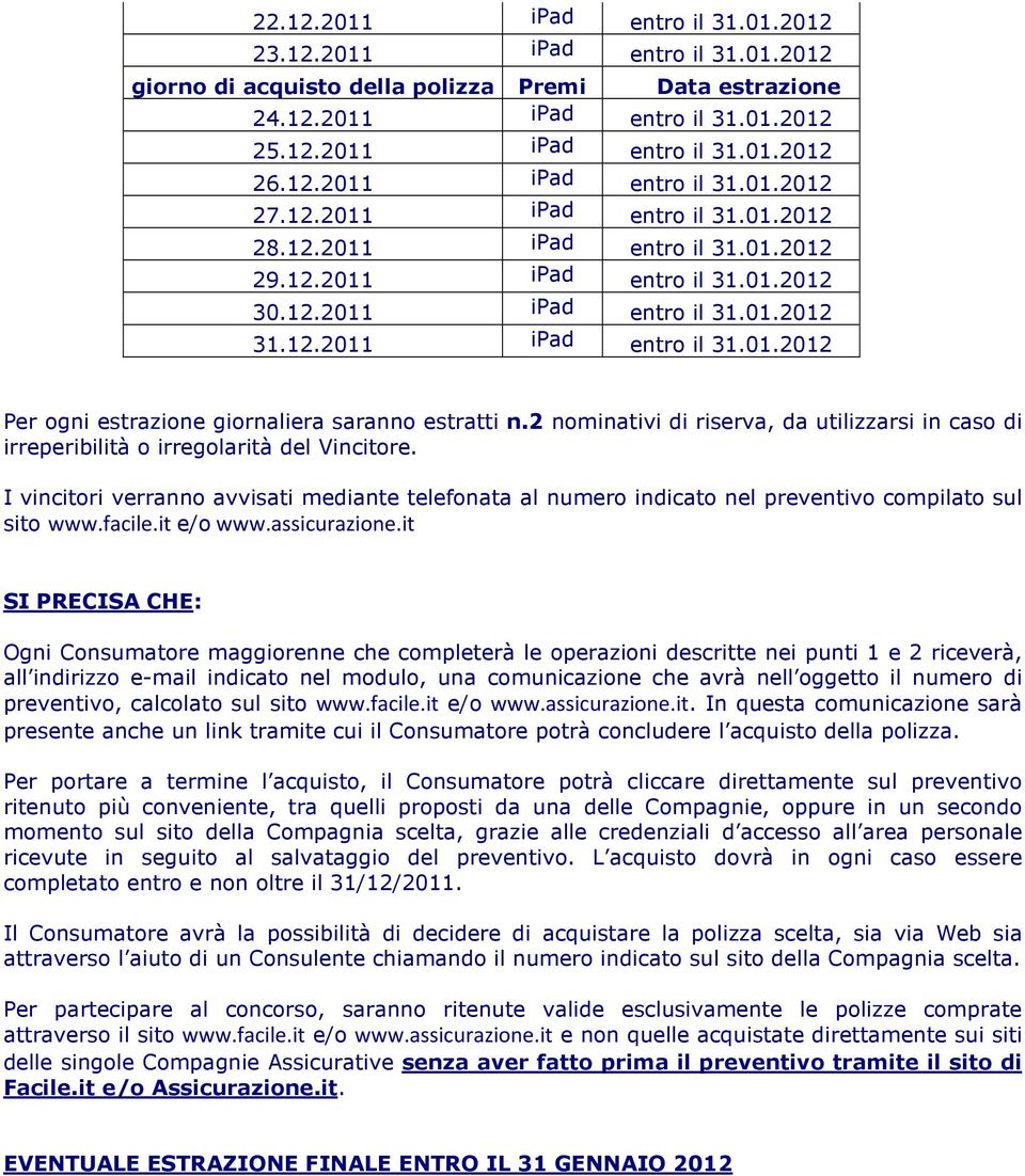 2 nominativi di riserva, da utilizzarsi in caso di irreperibilità o irregolarità del Vincitore.