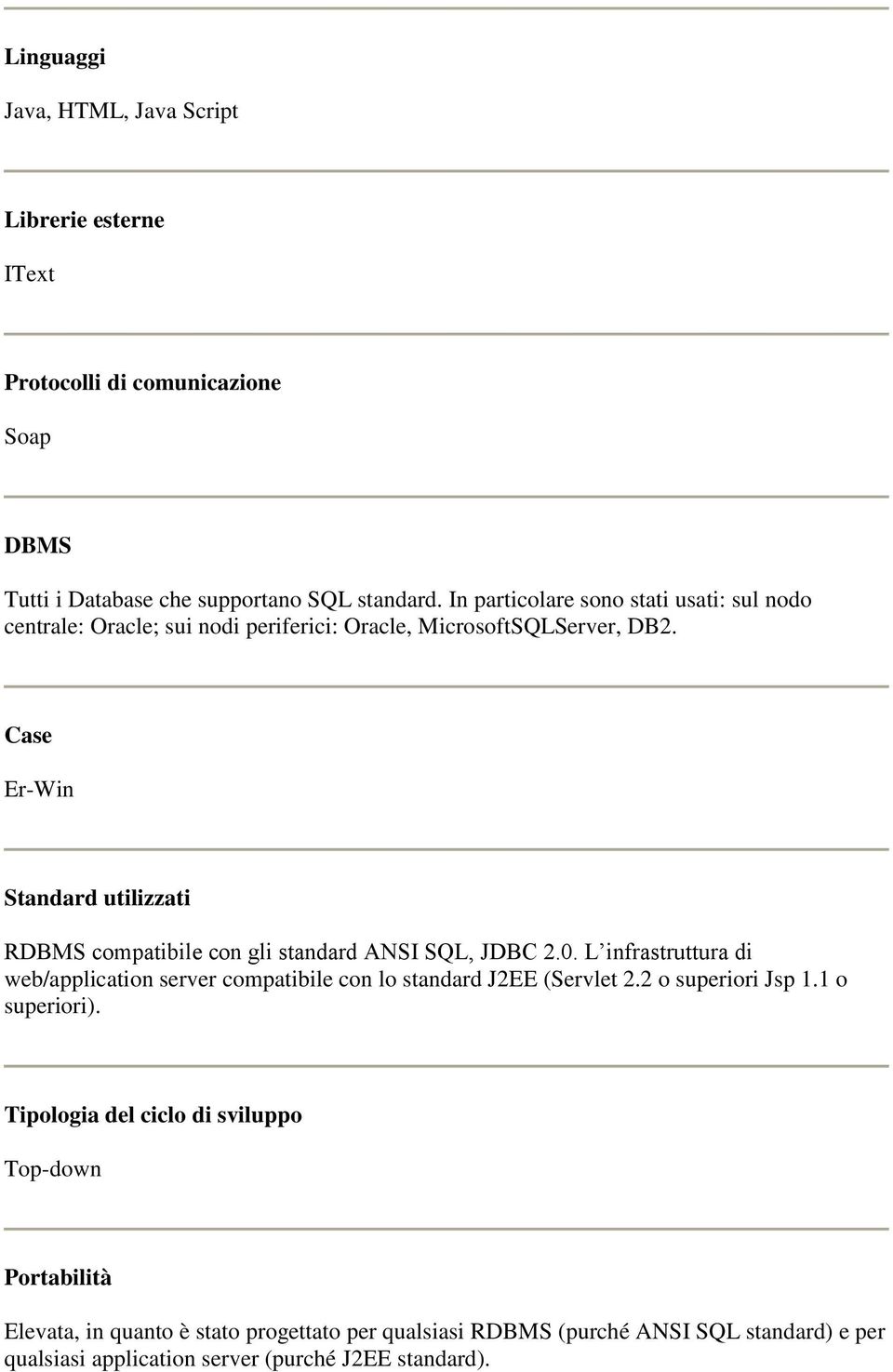 Case Er-Win Standard utilizzati RDBMS compatibile con gli standard ANSI SQL, JDBC 2.0.