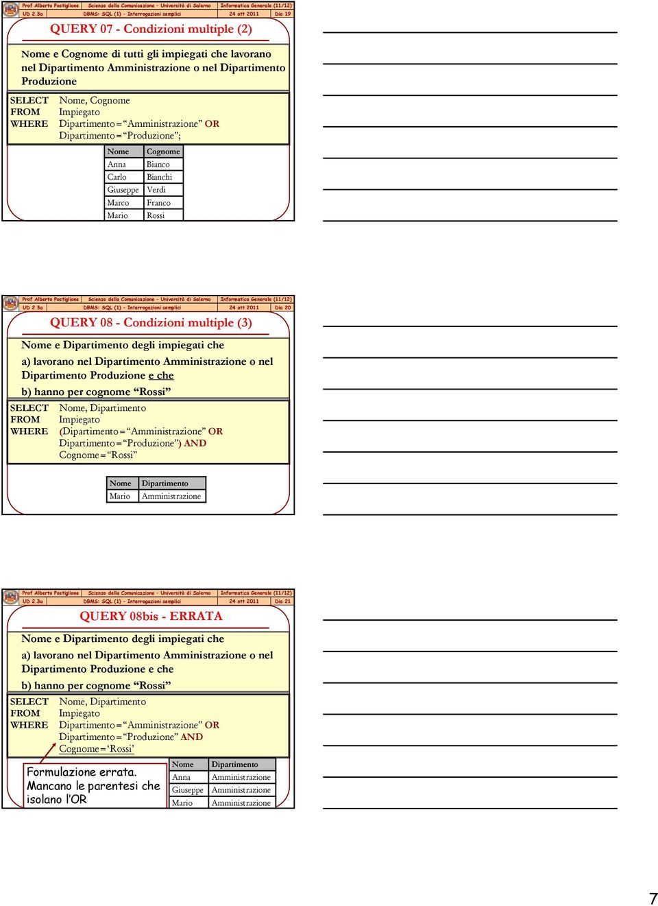 Interrogazioni semplici 24 ott 2011 Dia 20 QUERY 08 - Condizioni multiple (3) Nome e Dipartimento degli impiegati che a) lavorano nel Dipartimento Amministrazione o nel Dipartimento Produzione e che