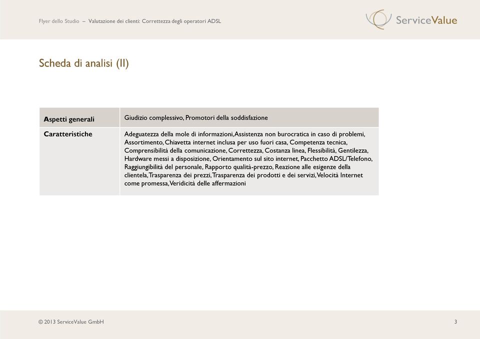 Flessibilità, Gentilezza, Hardware messi a disposizione, Orientamento sul sito internet, Pacchetto ADSL/Telefono, Raggiungibilità del personale, Rapporto qualità-prezzo,