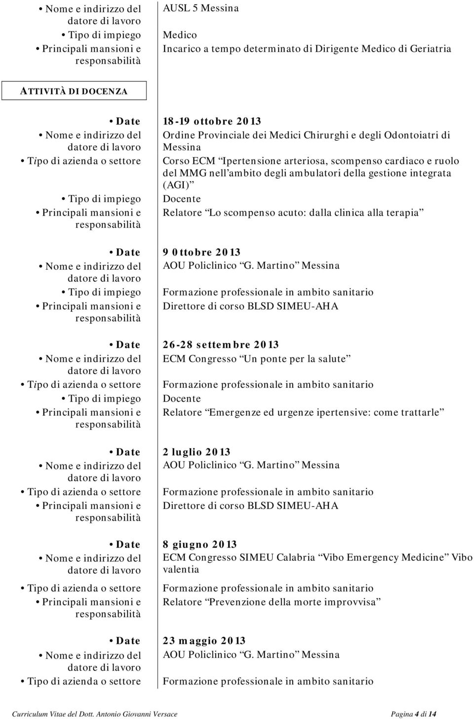 0ttobre 2013 Direttore di corso BLSD SIMEU-AHA Date 26-28 settembre 2013 ECM Congresso Un ponte per la salute Docente Relatore Emergenze ed urgenze ipertensive: come trattarle Date 2 luglio 2013