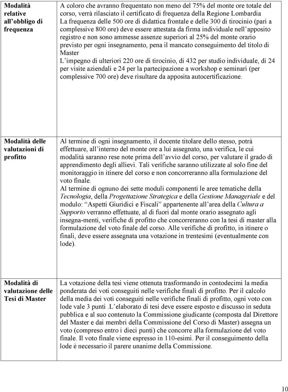 superiori al 25% del monte orario previsto per ogni insegnamento, pena il mancato conseguimento del titolo di Master L impegno di ulteriori 220 ore di tirocinio, di 432 per studio individuale, di 24