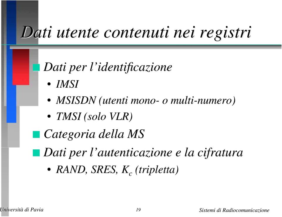 multi-numero) TMSI (solo VLR) Categoria della MS Dati