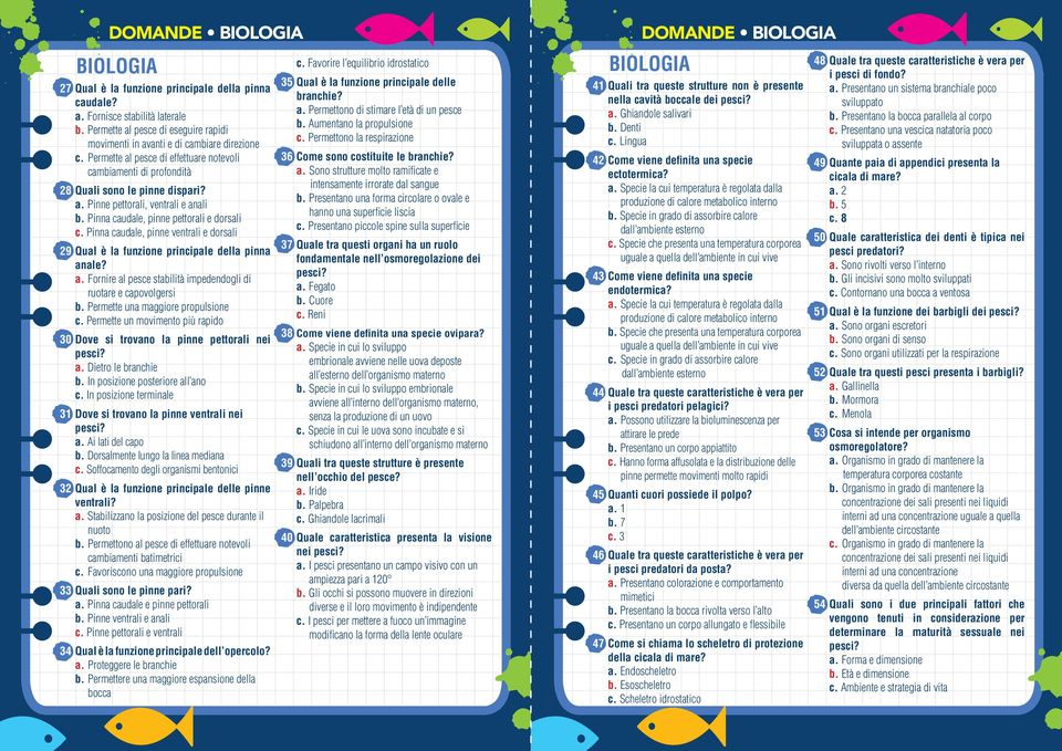 Pinna caudale, pinne ventrali e dorsali 29 Qual è la funzione principale della pinna anale? a. Fornire al pesce stabilità impedendogli di ruotare e capovolgersi b. Permette una maggiore propulsione c.