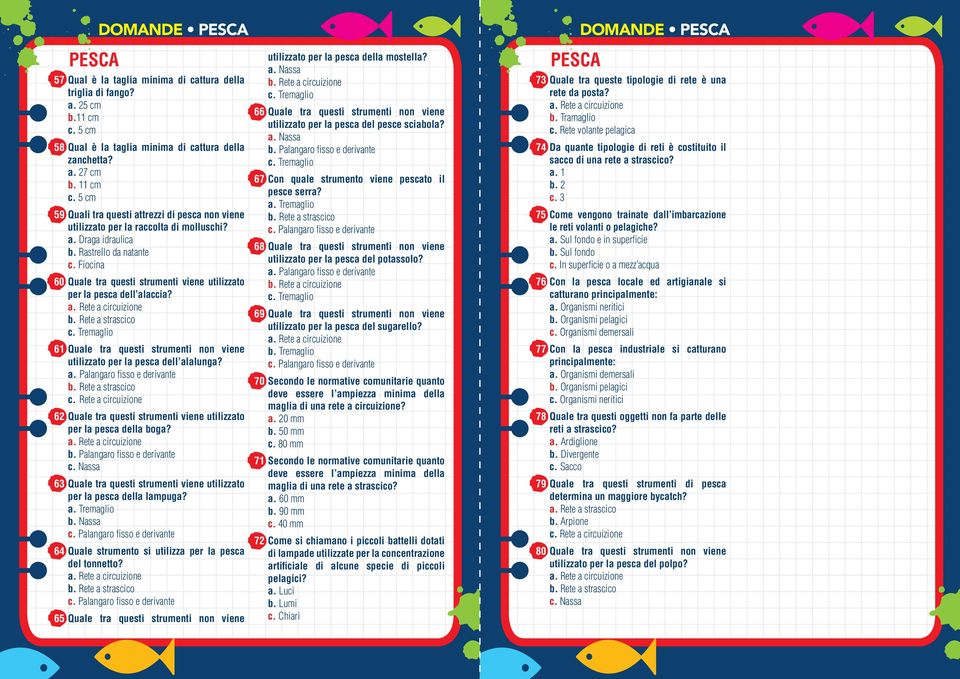 Fiocina 60 Quale tra questi strumenti viene utilizzato per la pesca dell alaccia? a. Rete a circuizione b. Rete a strascico c.