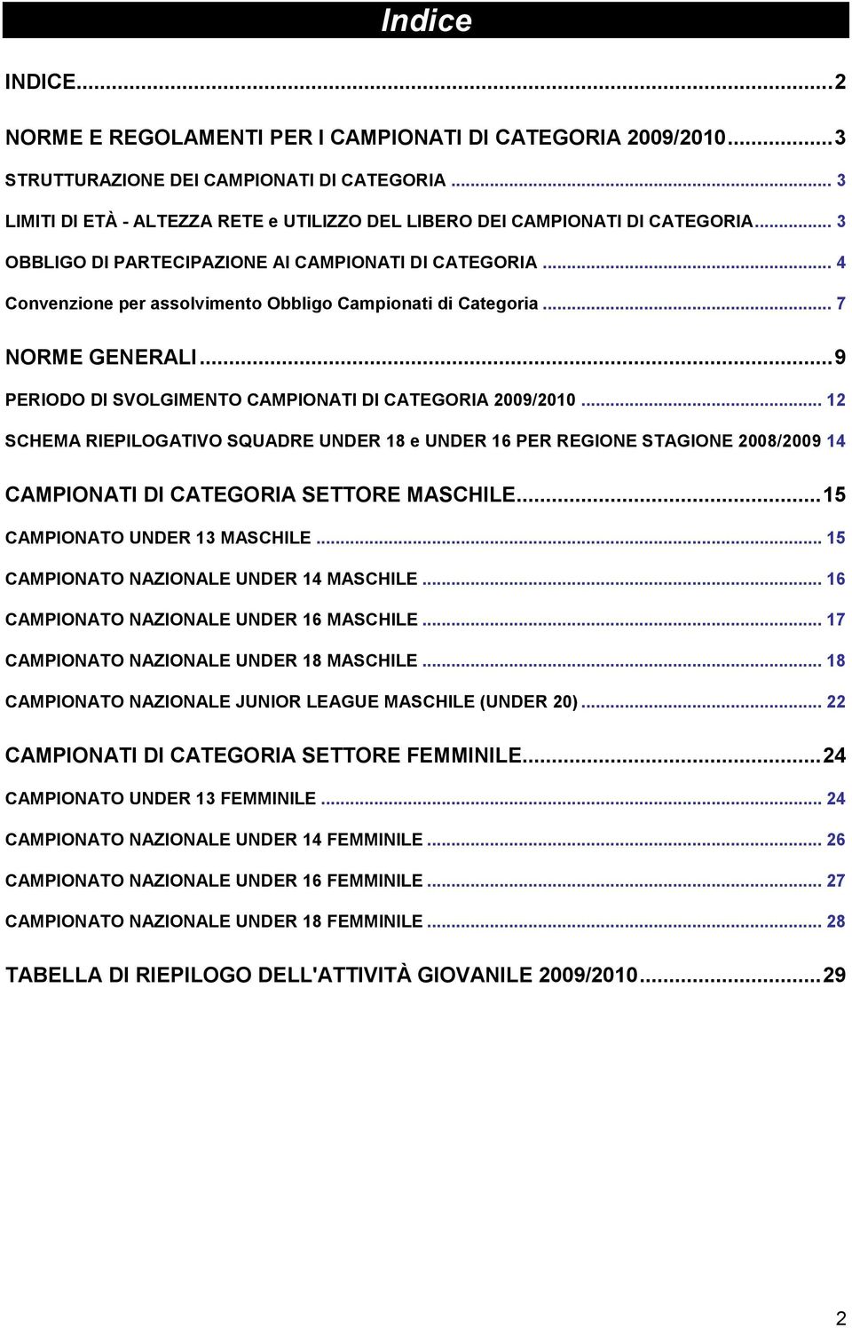 .. 4 Convenzione per assolvimento Obbligo Campionati di Categoria... 7 NORME GENERALI... 9 PERIODO DI SVOLGIMENTO CAMPIONATI DI CATEGORIA 2009/2010.