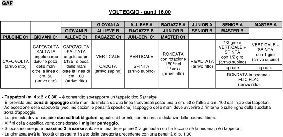 100 VERTICALE + CADUTA (arrivo supino) VERTICALE + SPINTA (arrivo supino) RONDATA con rotazione 180 nel 1 volo RIBALTATA 1/2 giro e VERTICALE + SPINTA con 1/2 giro (arrivo supino) oppure VERTICALE +