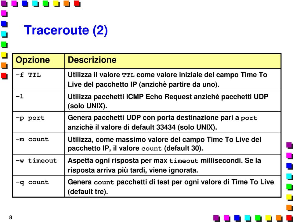 -p port Genera pacchetti UDP con porta destinazione pari a port anzichè il valore di default 33434 (solo UNIX).