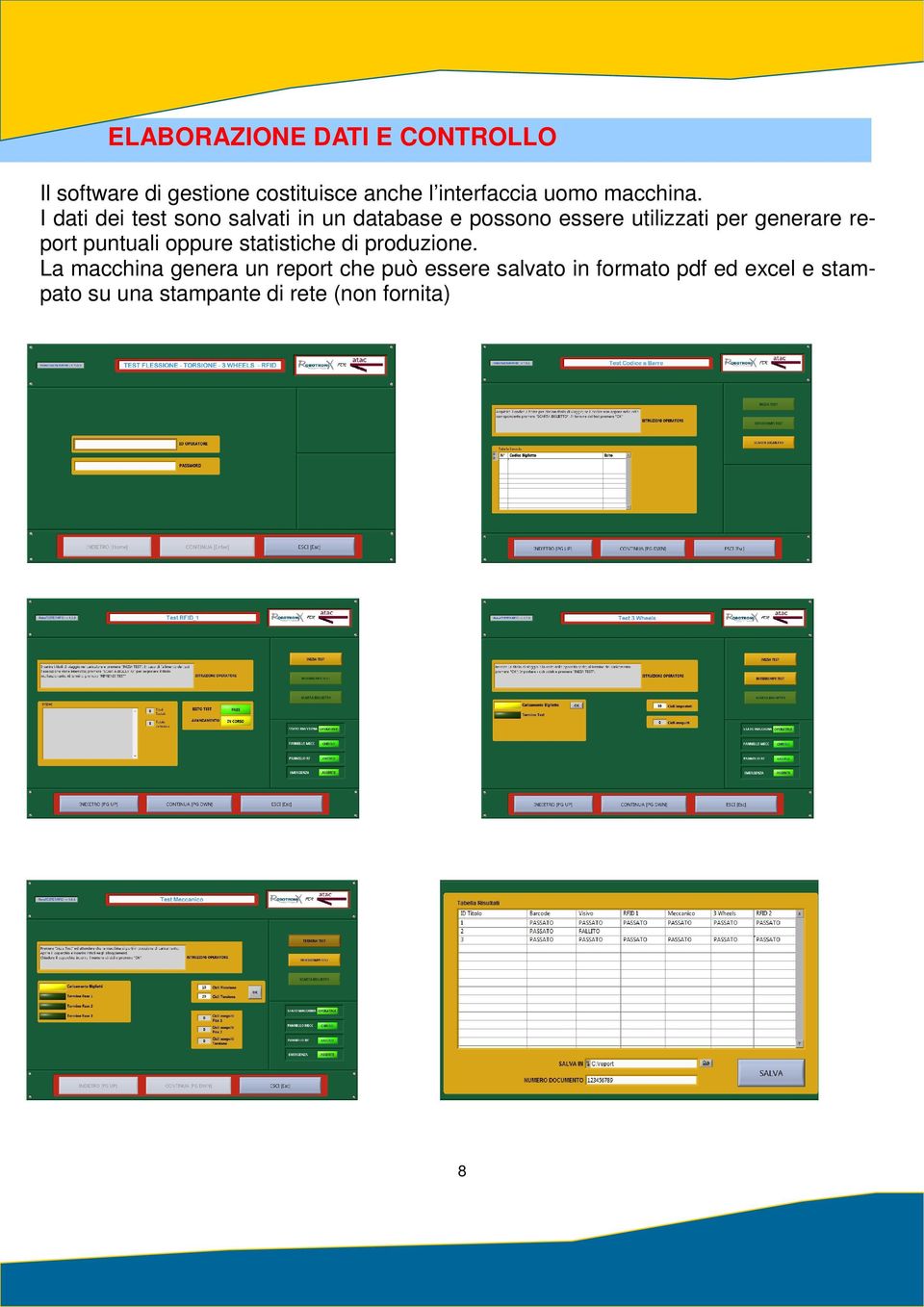 I dati dei test sono salvati in un database e possono essere utilizzati per generare