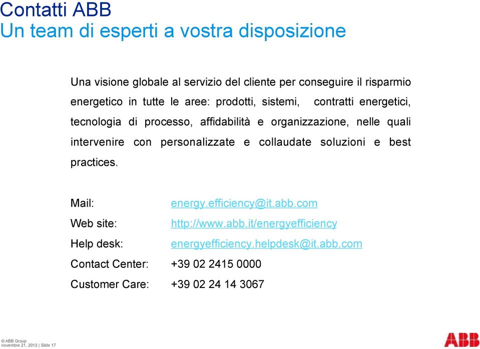 con personalizzate e collaudate soluzioni e best practices. Mail: energy.efficiency@it.abb.com Web site: http://www.abb.it/energyefficiency Help desk: energyefficiency.