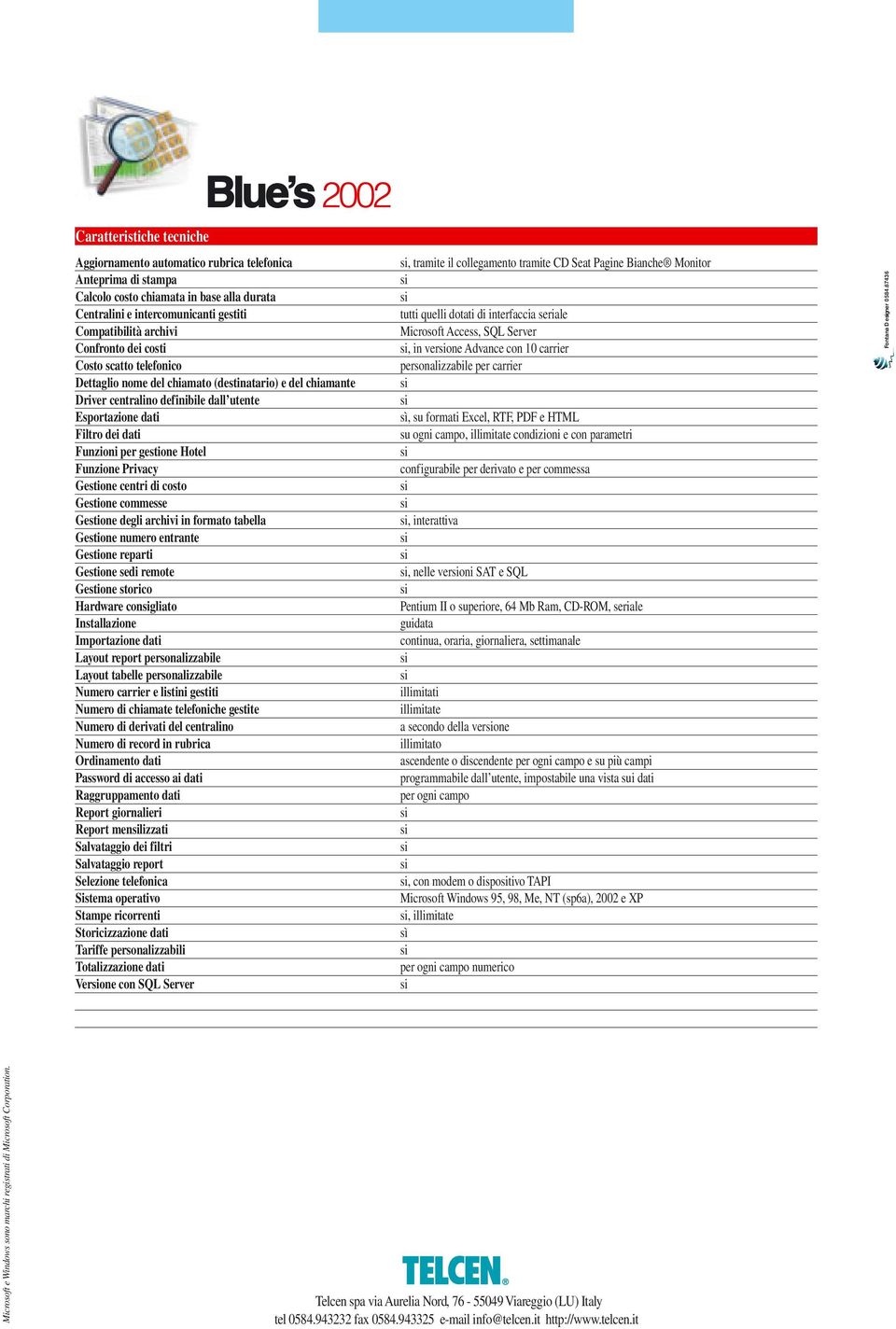 Hotel Funzione Privacy Gestione centri di costo Gestione commesse Gestione degli archivi in formato tabella Gestione numero entrante Gestione reparti Gestione sedi remote Gestione storico Hardware