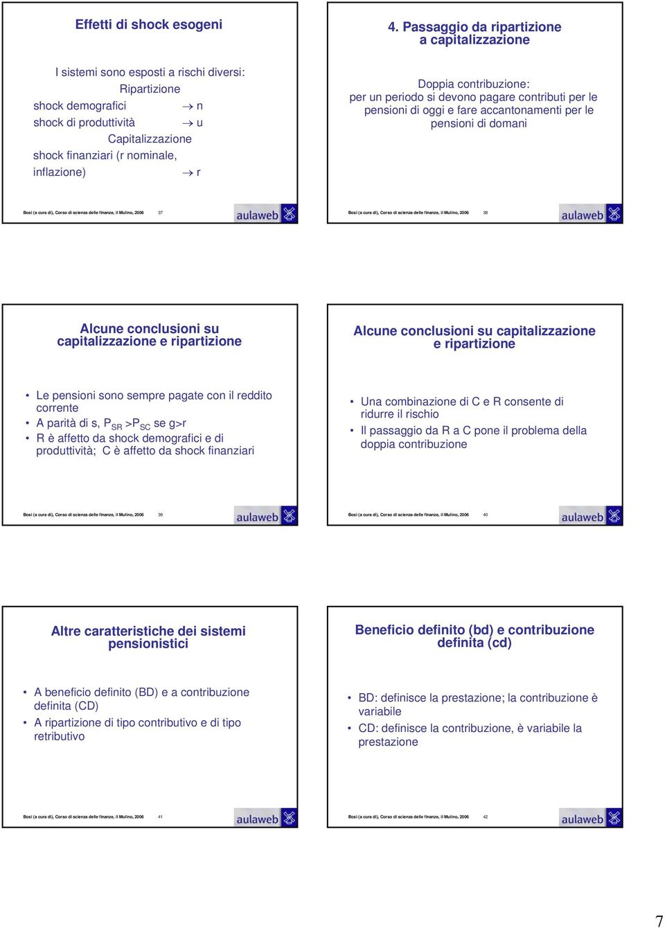 Corso di scienza delle finanze, il Mulino, 2006 37 Bosi (a cura di), Corso di scienza delle finanze, il Mulino, 2006 38 Alcune conclusioni su capitalizzazione e ripartizione Alcune conclusioni su