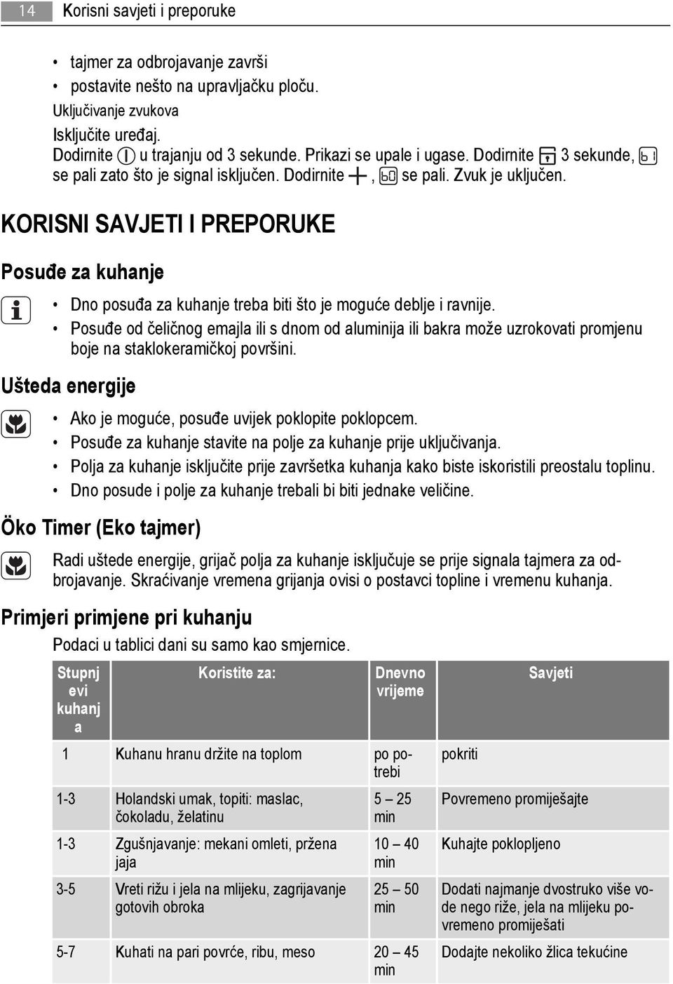 KORISNI SAVJETI I PREPORUKE Posuđe za kuhanje Dno posuđa za kuhanje treba biti što je moguće deblje i ravnije.