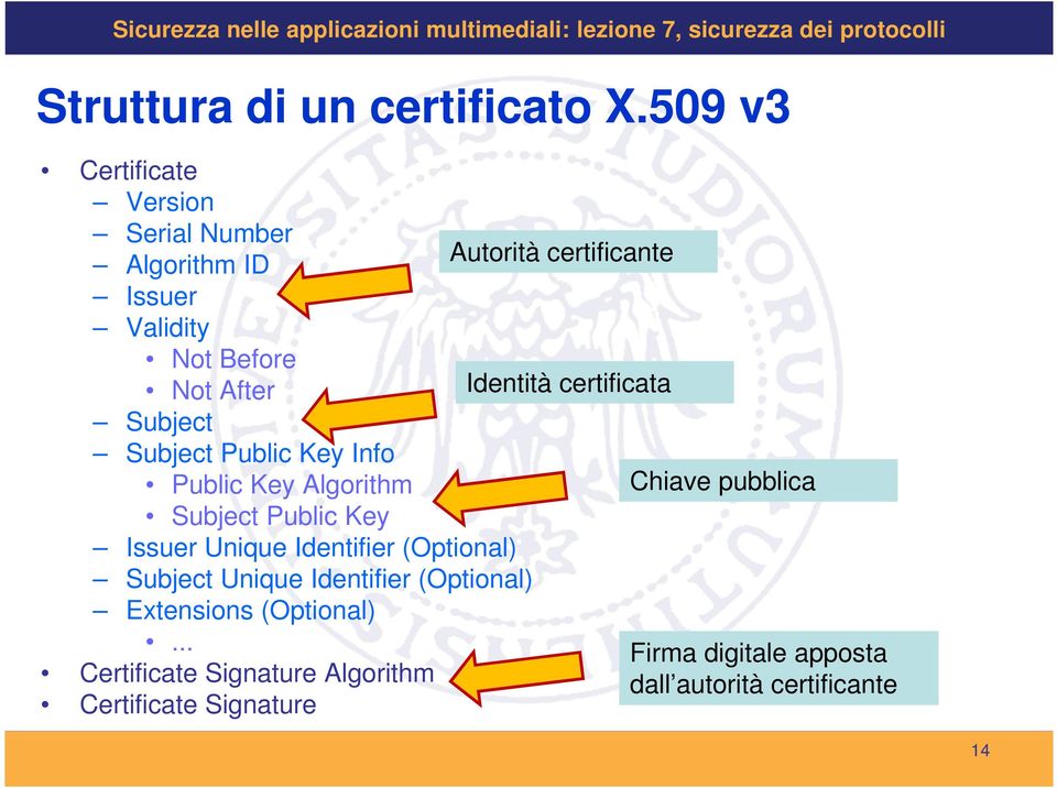 Identità certificata Subject Subject Public Key Info Public Key Algorithm Chiave pubblica Subject Public Key