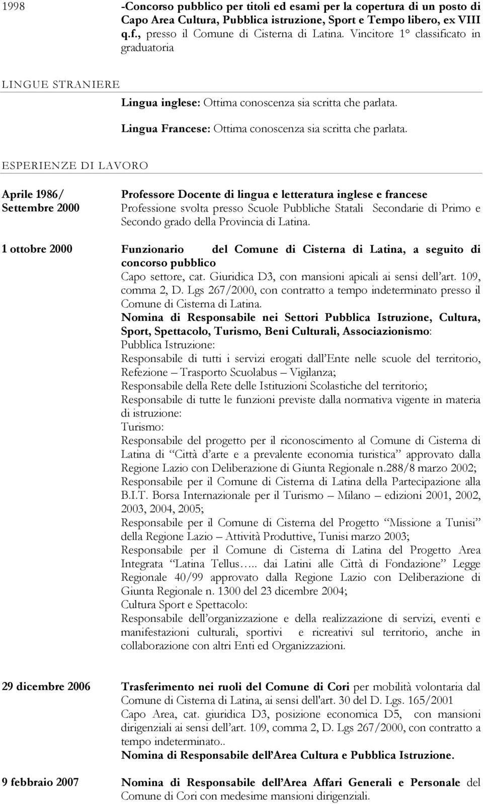 ESPERIENZE DI LAVORO Aprile 1986/ Settembre 2000 1 ottobre 2000 Professore Docente di lingua e letteratura inglese e francese Professione svolta presso Scuole Pubbliche Statali Secondarie di Primo e