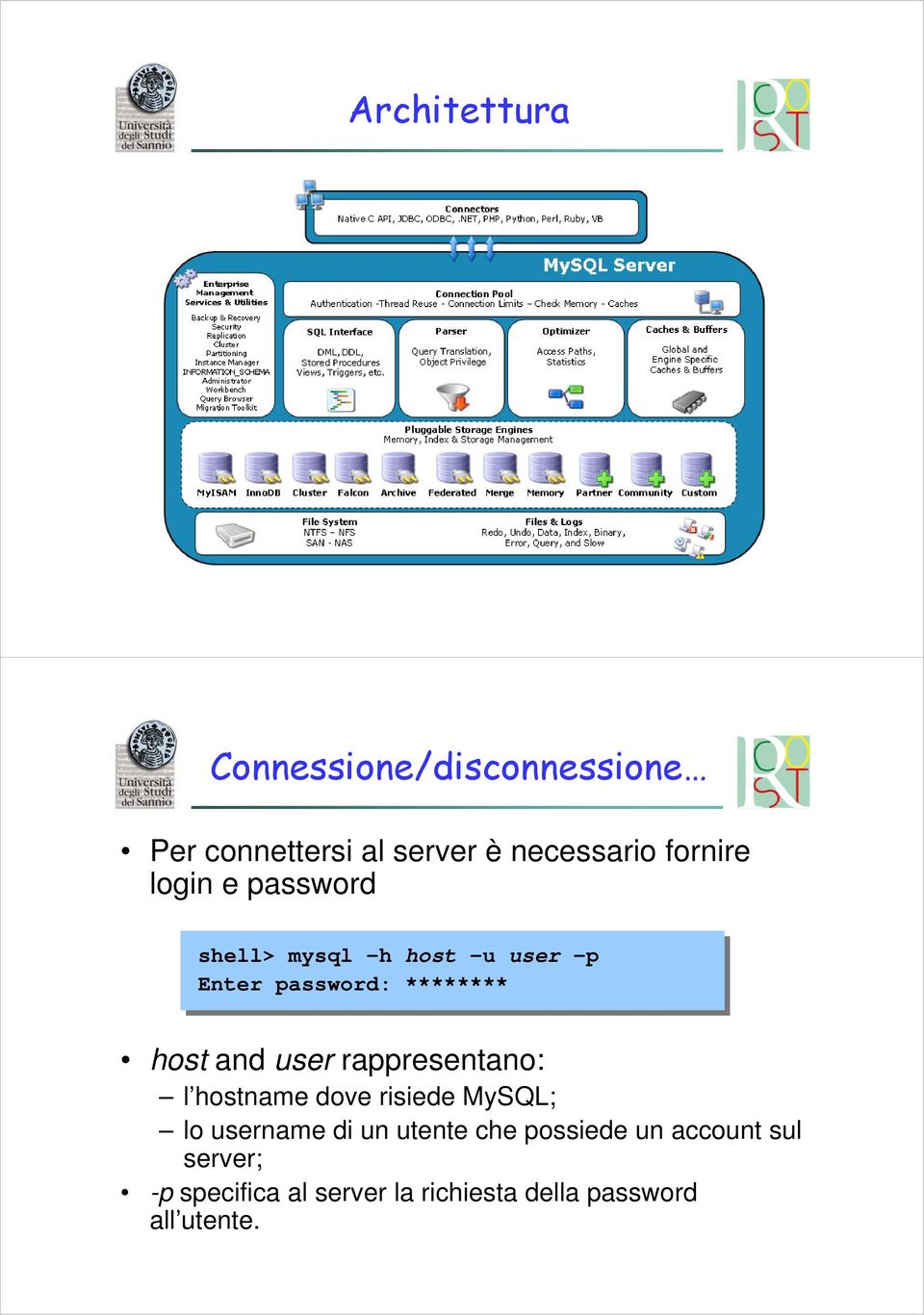 host and user rappresentano: l hostname dove risiede MySQL; lo username di un utente
