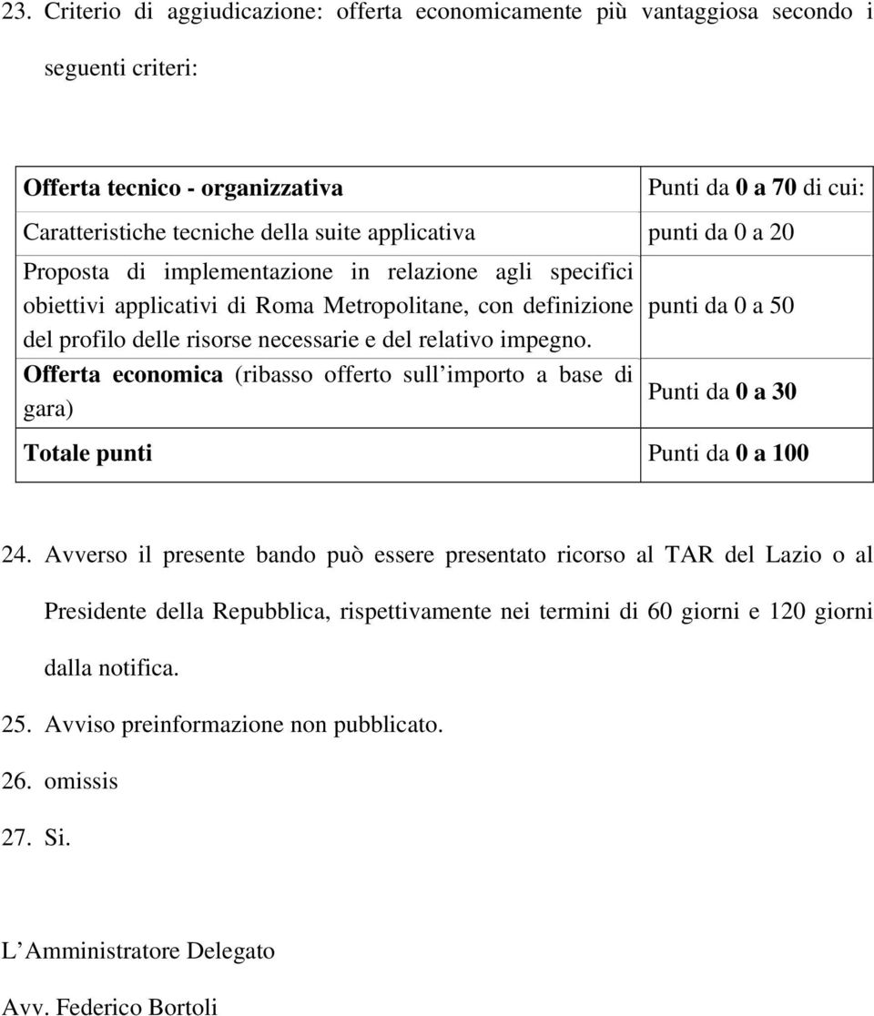 impegno. Offerta economica (ribasso offerto sull importo a base di gara) punti da 0 a 50 Punti da 0 a 30 Totale punti Punti da 0 a 100 24.