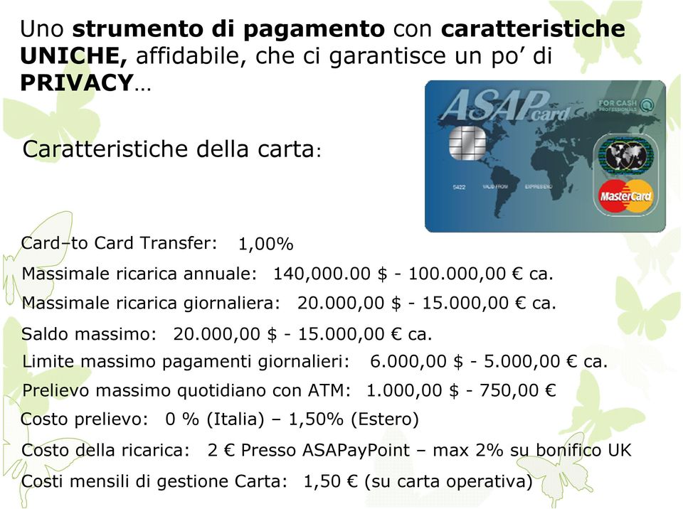 000,00 $ - 15.000,00 ca. Limite massimo pagamenti giornalieri: 6.000,00 $ - 5.000,00 ca. Prelievo massimo quotidiano con ATM: 1.