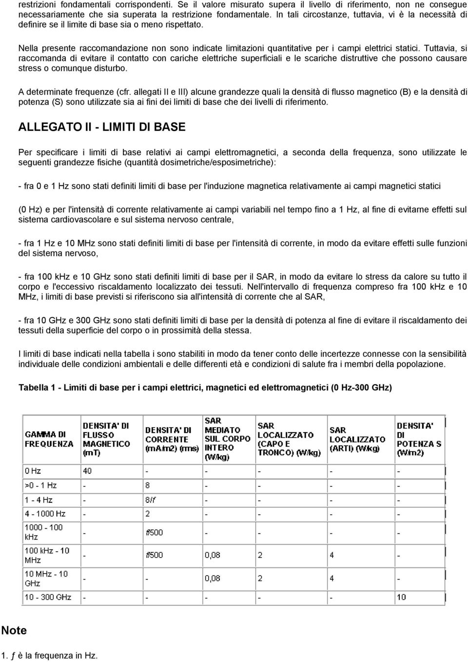 Nella presente raccomandazione non sono indicate limitazioni quantitative per i campi elettrici statici.