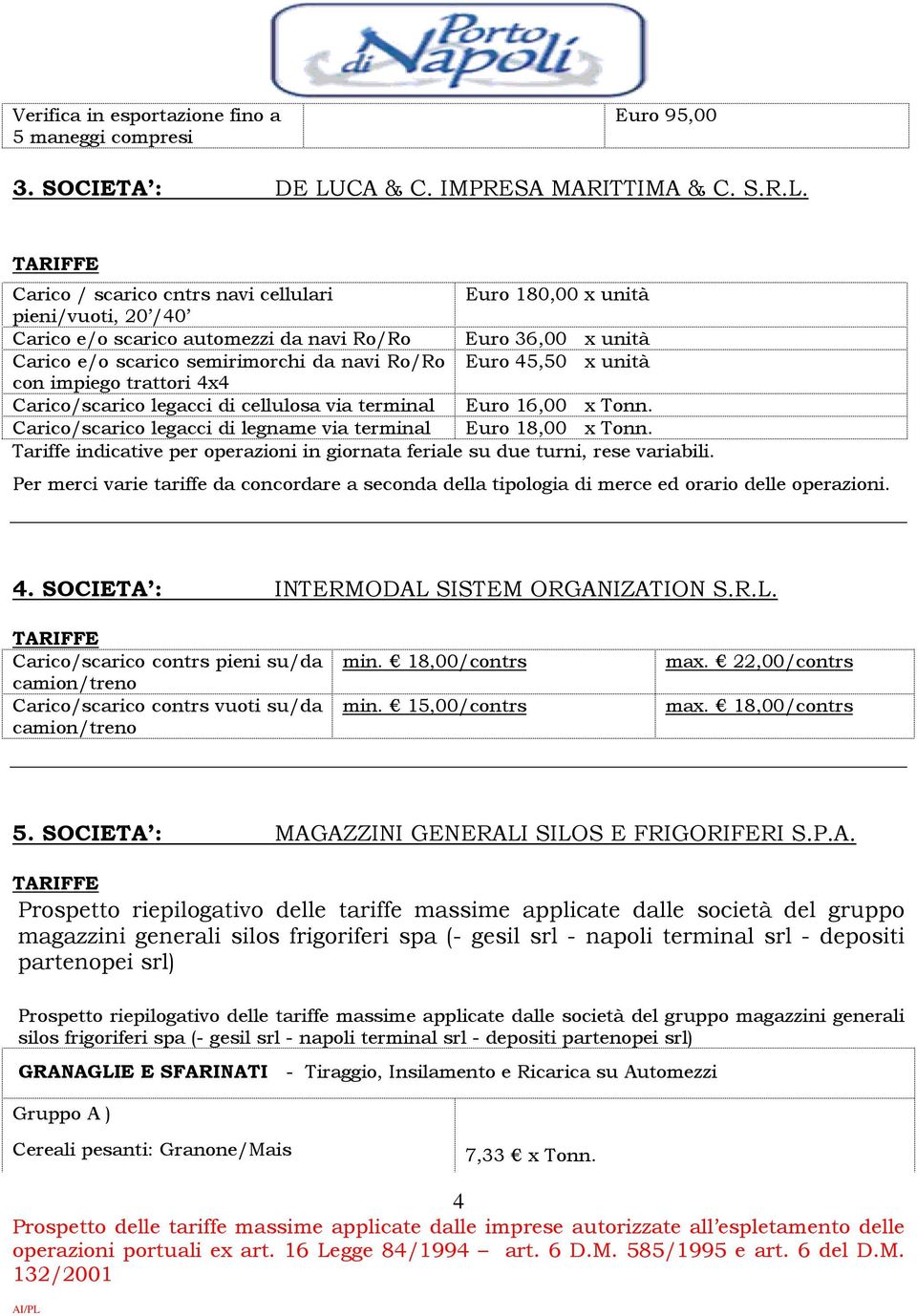 Carico / scarico cntrs navi cellulari Euro 180,00 x unità pieni/vuoti, 20 /40 Carico e/o scarico automezzi da navi Ro/Ro Euro 36,00 x unità Carico e/o scarico semirimorchi da navi Ro/Ro Euro 45,50 x