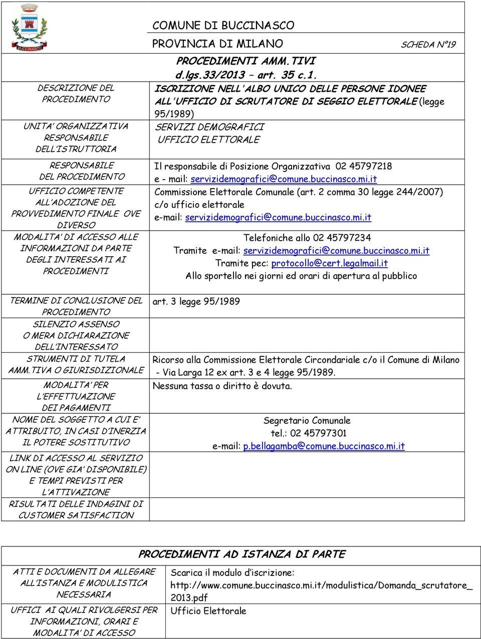 (art. 2 comma 30 legge 244/2007) c/o ufficio elettorale e-mail: servizidemografici@comune.buccinasco.mi.it Telefoniche allo 02 45797234 art.