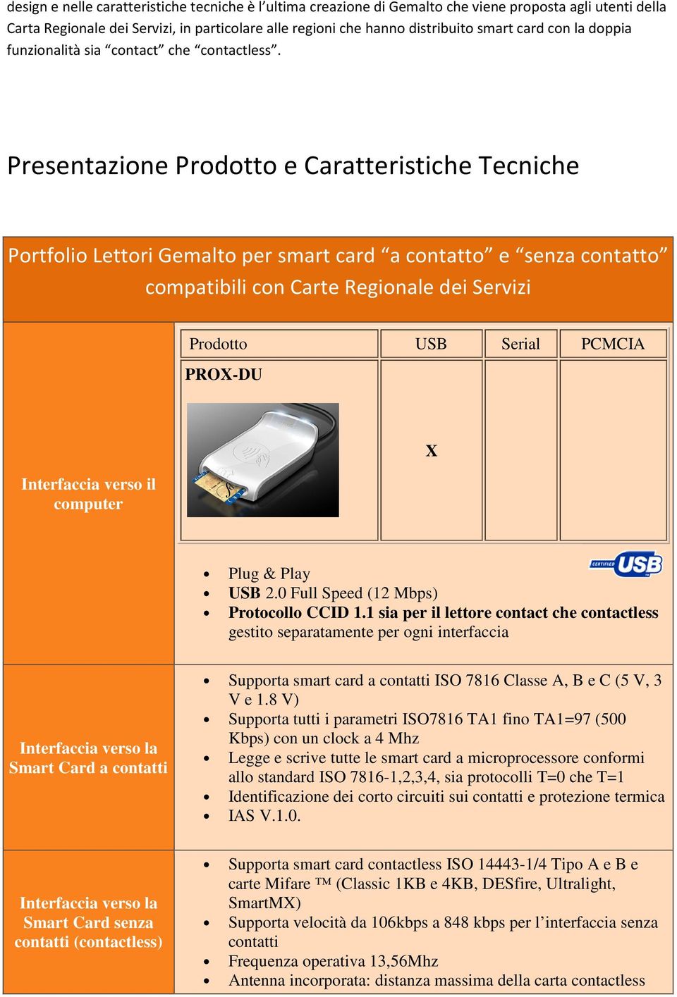 Presentazione Prodotto e Caratteristiche Tecniche Portfolio Lettori Gemalto per smart card a contatto e senza contatto compatibili con Carte Regionale dei Servizi Prodotto USB Serial PCMCIA PRO-DU